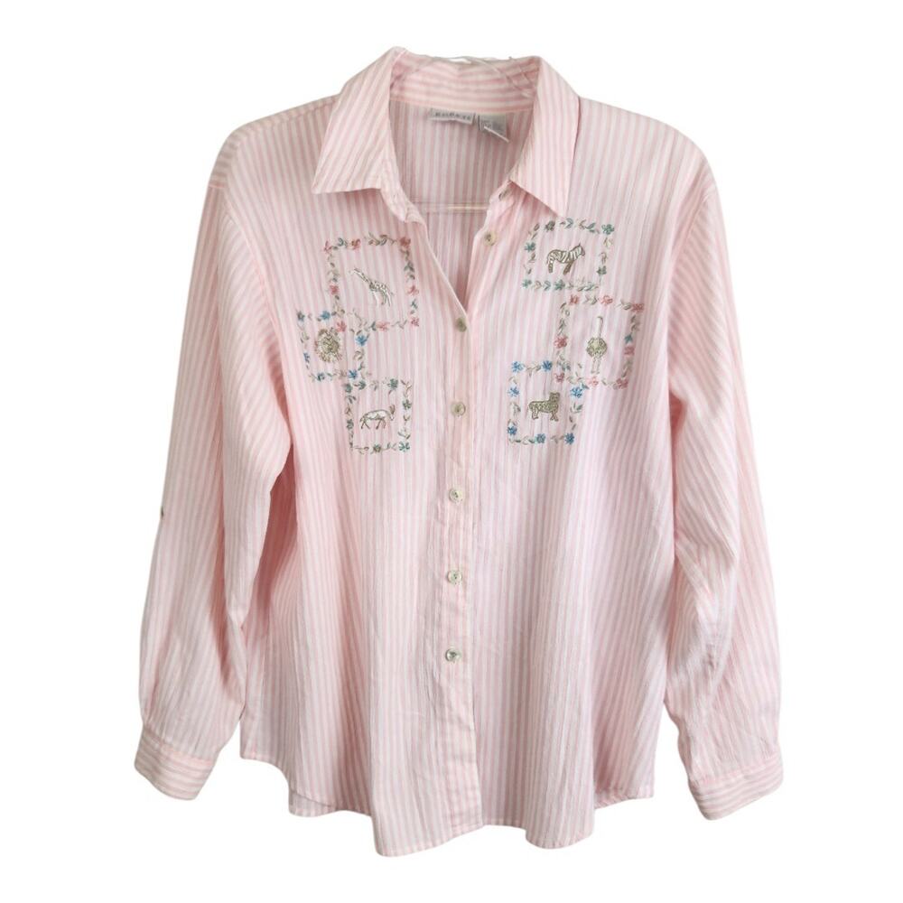 Vintage Pink Striped Button Front Embroidered Safari Animals Top Large